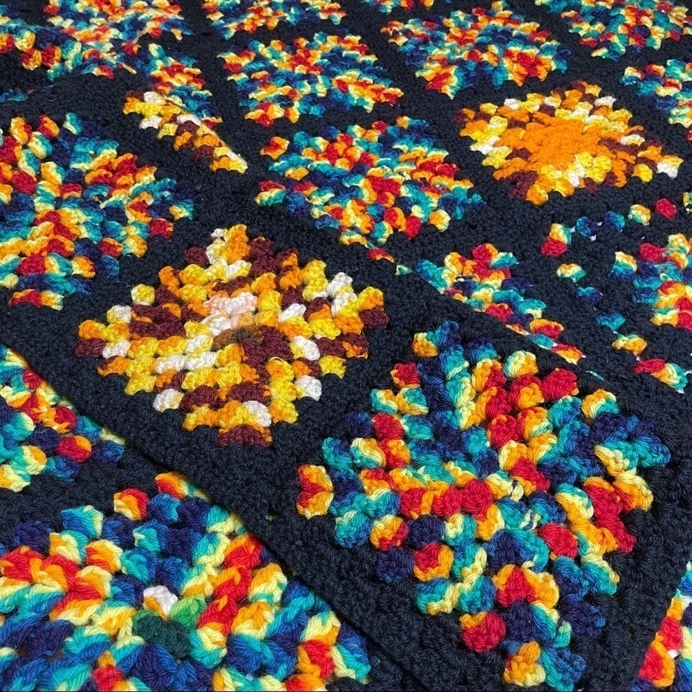Rainbow and Black Granny Square Crochet Throw Blanket Afghan - Picture 4 of 8